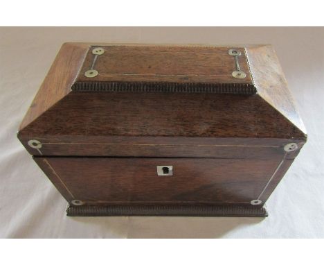 Sarcophagus shaped tea caddy with mother of pearl inlay decoration L 20.5 cm H 13 cm