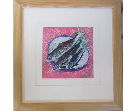 Pamela Guille A.R.C.A. framed artist's proof limited edition hand coloured etching entitled 'Three Fish', signed, numbered an