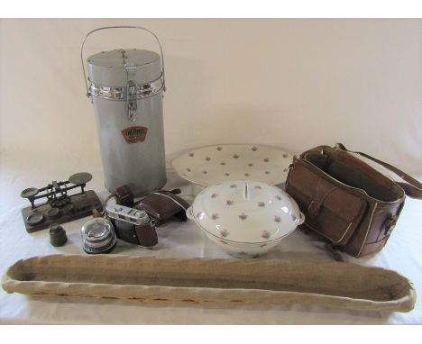 Thermos picnic flask, postal scales, camera, Limoges tureen and meat plate and baguette basket