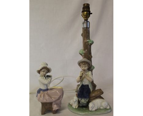 Nao seated girl holding a dog &amp; figural table lamp boy with sheep