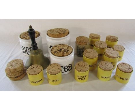 Selection of ceramic spice jars inc Kiln Craft and a brass bell