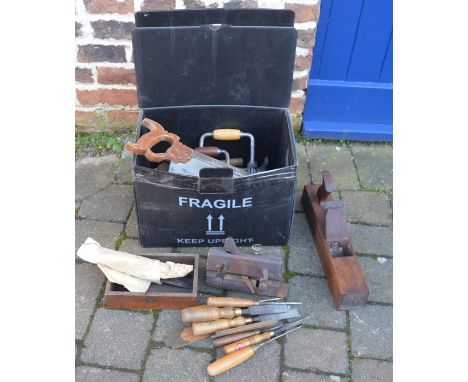Selection of hand tools inc chisels and planes