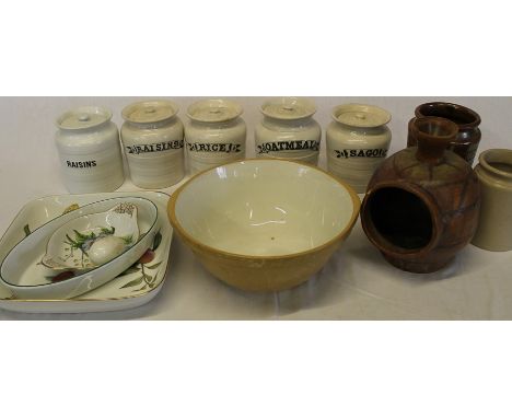 5 kitchen storage jars - Raisins x 2, Rice, Oatmeal &amp; Sago, Royal Worcester Evesham dish, T G Green mixing bowl, salt pig