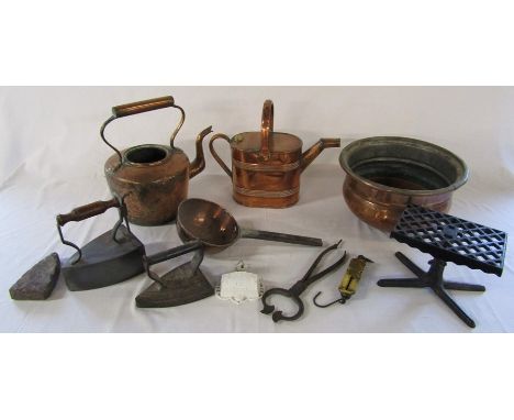 Assorted copper and iron etc inc watering can, irons and planter&nbsp;