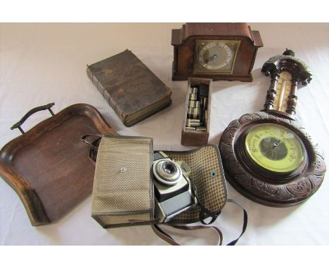 Small wall barometer, vintage Kodak camera, mantel clock etc