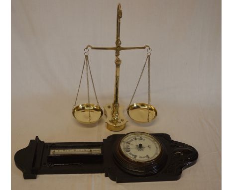 Late Victorian/Edwardian barometer &amp; brass balance scales with weights