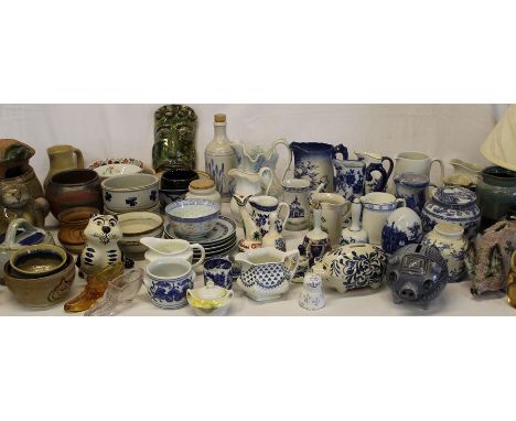 Selection of decorative jugs, studio pottery including piggy banks, Alvingham Pottery lamp etc (3 boxes)