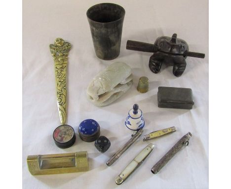 Various items inc silver pencil holders (af), fruit knives, soapstone, Chinese brass lock, snuff box etc