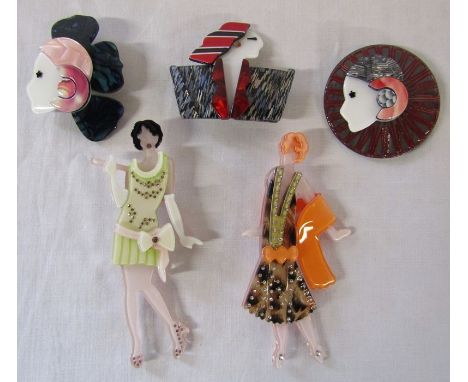 5 Lea Stein style Art Deco brooches