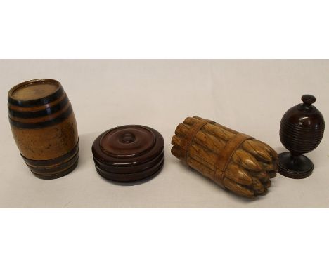 Small carved wooden barrel, carved vesta case in the form of cigars, treen puzzle snuff box &amp; turned lidded pot