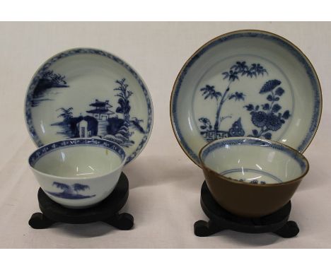 2 Nanking Cargo 18th century Chinese blue and white tea bowls and saucers:- pagoda &amp; rockwork pattern, saucer diameter 11