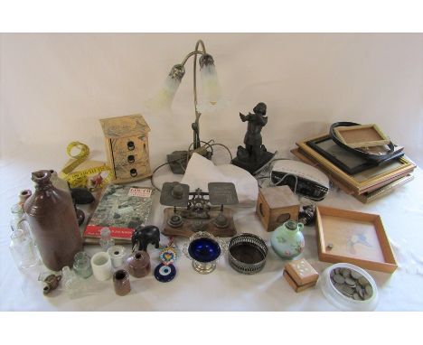 2 boxes of assorted items inc postal scales, picture frames, Roberts alarm clock, Dedication figure relating to Joan of Arc, 