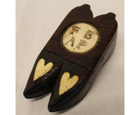 19th century treen double shoe snuff box with bone hearts inlay and carved initials FB AP 10cm