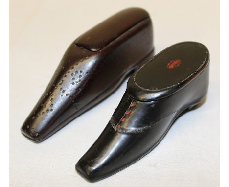 19th century lacquered papier mache novelty snuff box in the form of a shoe (8cm) and one other mahogany shoe with brass stud