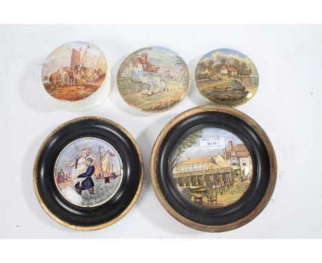 Five Victorian Prattware pot lids, including three depicting scenes of Pegwell Bay, one with base (5)