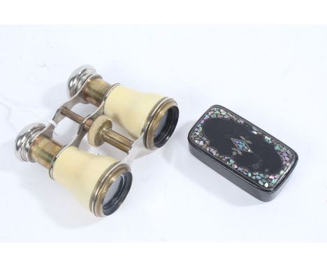 Pair of ivorine opera glasses, and a Victorian papier mache and abalone inlaid snuff box (2)