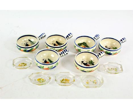 Set of six Quimper pottery cups, all painted with figures, and five small glass and enamelled dishes (11)