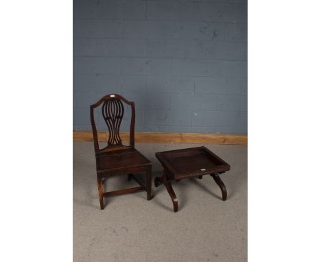 Mahogany tray top occasional table, raised on cabriole legs, 53.5cm wide, single country made dining chair with pierced vase 