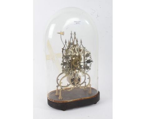 Victorian brass Skeleton Clock, with silvered chapter ring and roman numerals, fusee movement, raised on ebonised plinth unde
