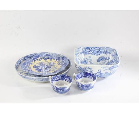 19th century Spode blue and white transfer printed 'Girl at the Well' cake stand, with matching bowl, together with a Spode B