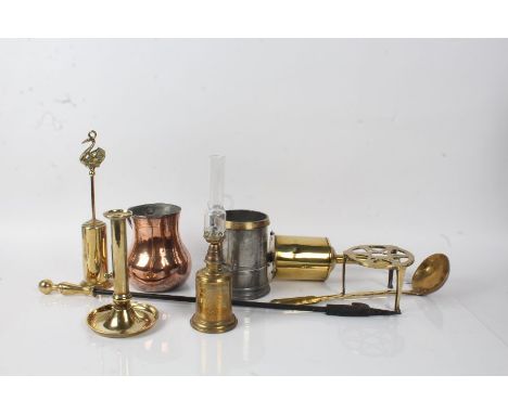 Mixed metalware, 19th century and later, to include a clock work spit-jack, brass ejector candlestick, brass ladle, trivet st