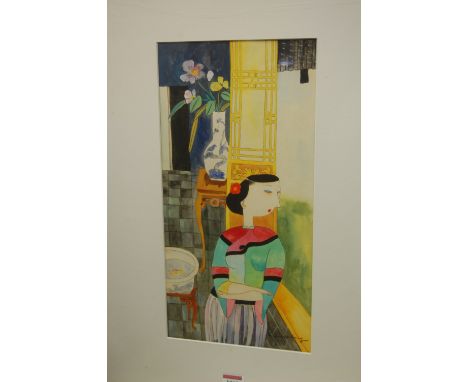 Hu Xiao G*** - Pair of abstract portrait studies, watercolours, each signed, 40 x 20cm