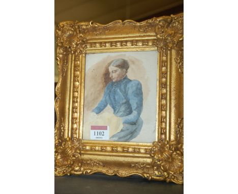 19th century English school - portrait of a woman sewing, watercolour, 14x12cm