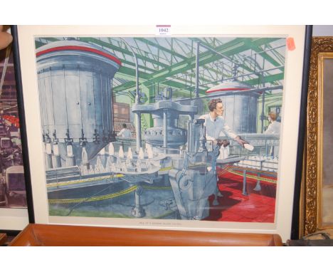 Cornwall - Milk at a London filling station, lithograph; and one other by Mactachell - Motorcars on the assembly line, each 3