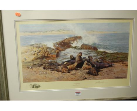 David Shepherd - elephant seals, modern lithograph signed in pencil to the margin, 30x56cm