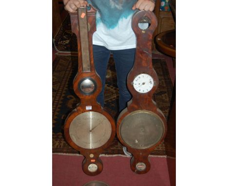 Four various early 19th century mahogany wheel barometers; together with a 19th century stick barometer (each with significan