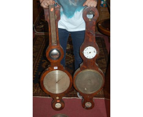 Four various early 19th century mahogany wheel barometers; together with a 19th century stick barometer (each with significan