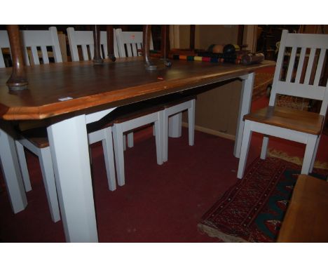 A contemporary pine and part white painted farmhouse style kitchen table, length 185cm, together with a set of six part white