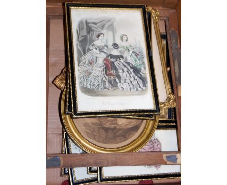 Assorted pictures, prints, to include French steel engravings, portrait miniature, hardwood frame etc