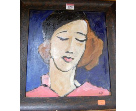 Agda Holst - head and shoulders portrait of a woman wearing a black hat, oil on board, signed lower right, 30x28cm