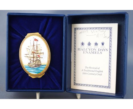 Three Halcyon Days enamel boxes, in original boxes, together with a Halcyon Days paperweight, boxed and a Halcyon Days Christ