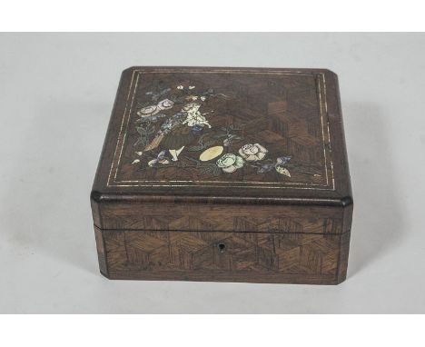A French parquetry jewellery box, the lid inlaid with bone, mother of pearl and brass with a musician wearing a bird cloak, 1