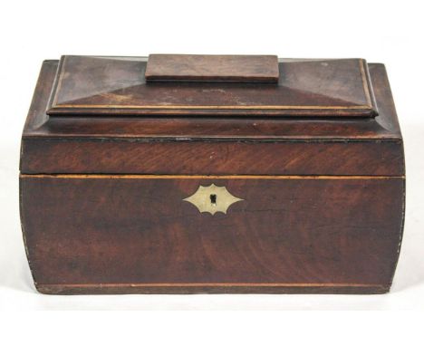 A George IV mahogany tea caddy, of sarcophagus form, with boxwood stringing and brass escutcheon.