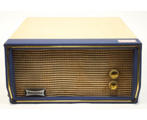 A Dansette Troubadour table top record player with cream and blue case enclosing the turn table and integral speaker