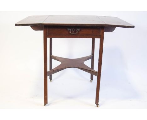 A 19th century mahogany Pembroke table, fitted end drawer, standing on canted corner supports with inswept base shelf and cas