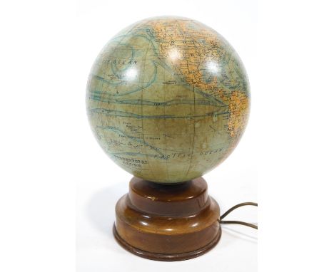 A mid 20th century glass and mahogany globe lamp, 35cm high x globe diameter 25cm