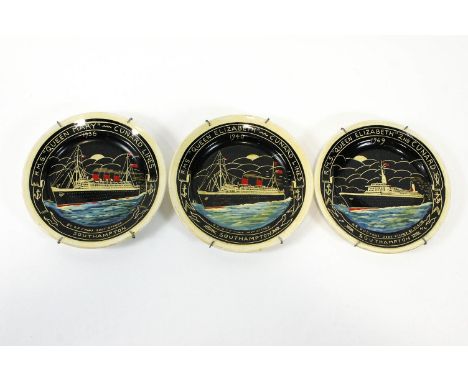 Three soot edged Cunard plates by R Bottrell 311, depicting the RMS Queen Mary, Queen Elizabeth and Queen Elizabeth II, 24cm 