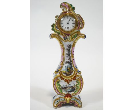 A late 19th century Faience Rococo form Boudoir clock, of lyre form with C scroll sides, polychrome decorated with pastoral s