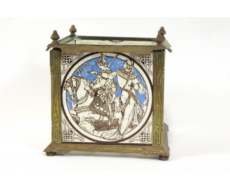 A mid Victorian brass and Minton tile square jardinière stand, each tile depicting a different Arthurian legend scene by John