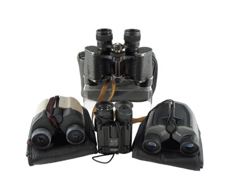 A set of vintage binocular field glasses together with three contemporary pairs of binoculars 
