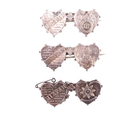 Three early 20th Century silver Mizpah sweetheart brooches, respectively Irish Guards, Green Howards and Shropshire Light Inf