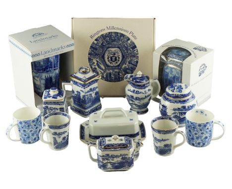 A group of Rington's blue-and-white ceramics, including a willow pattern tea caddy, a boxed millennium cathedral jar, etc