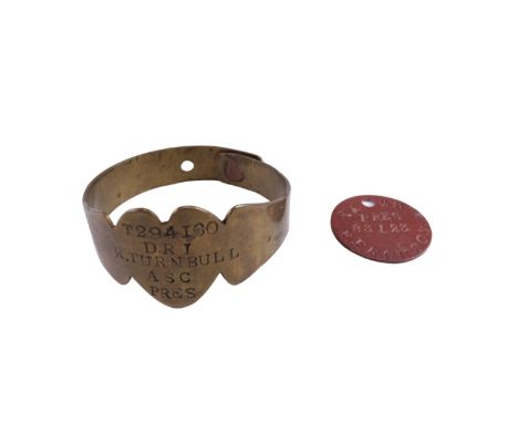 A Great War trench art brass identity bangle die-struck "T294160 Dri[ver] R Turnbull, ASC, Pres", together with a Great War R