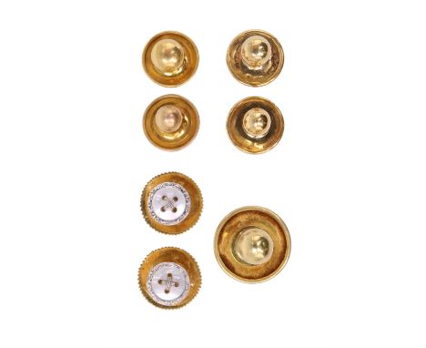 A cased set of 18 ct yellow metal shirt studs and a cased set of mother-of-pearl and 18 ct yellow metal shirt studs, together