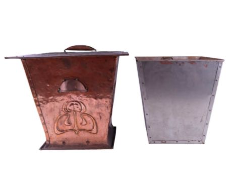An Art Nouveau copper coal box, having repoussé and planished decoration, later steel liner, 38 x 38 x 37 cm