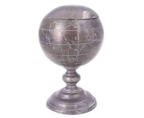 A Chinese pewter tea caddy cast in the form of a globe, liner stamped Huikee Swatow, circa 1930s, 19 cm tall